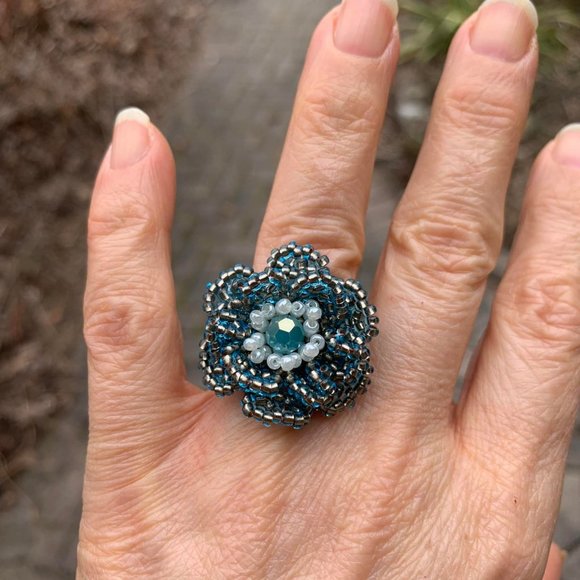 🌷3 for$20🌷Handmade, Glass Bead Blue & Gold Flower Ring, Fits up to Ring 8 - Picture 2 of 4